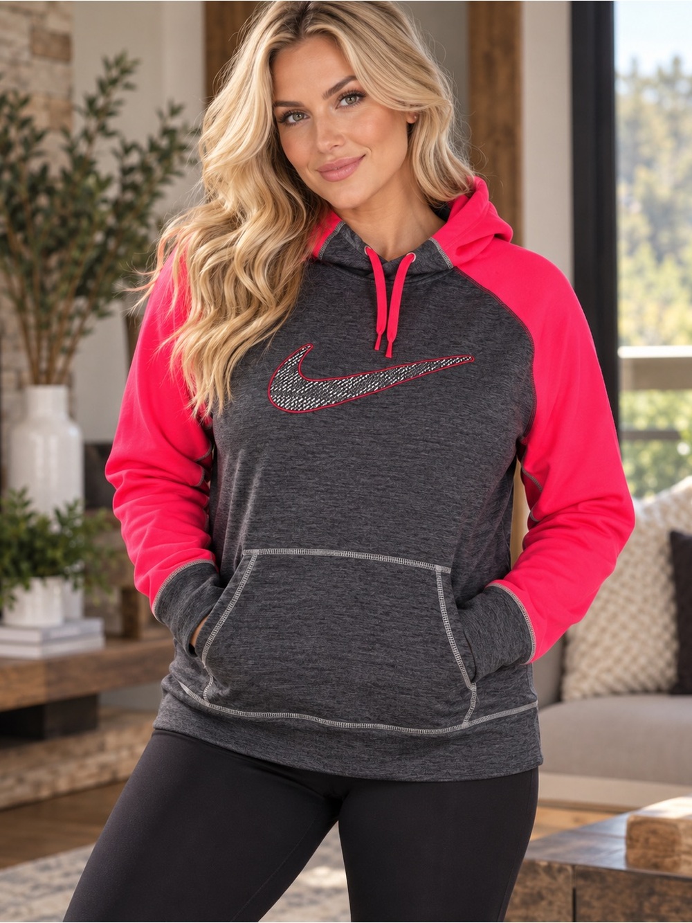 Nike Women's XL Dark Gray and Hot Pink Hooded Pullover